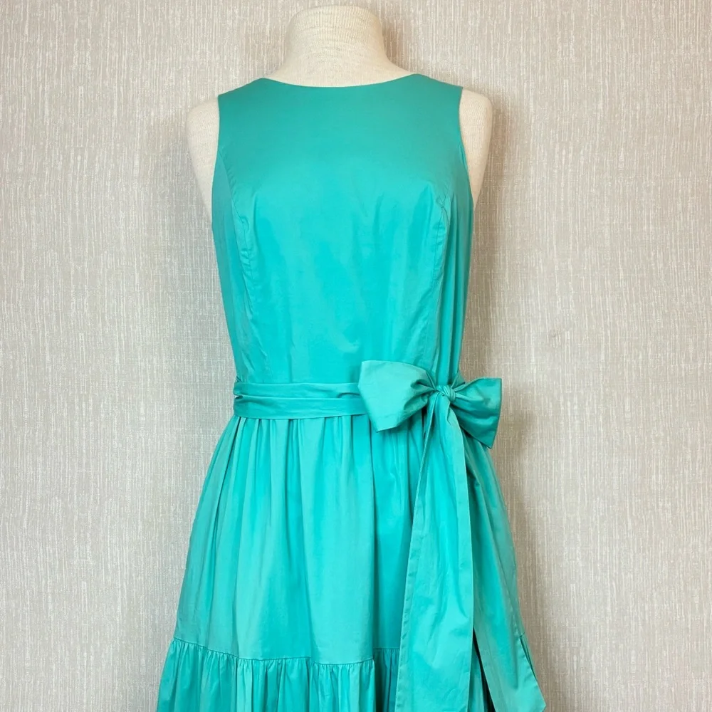 TAHARI Turquoise Tiered Pleated Stretch Cotton Poplin Tie Back Belt Maxi Dress - Picture 2 of 11